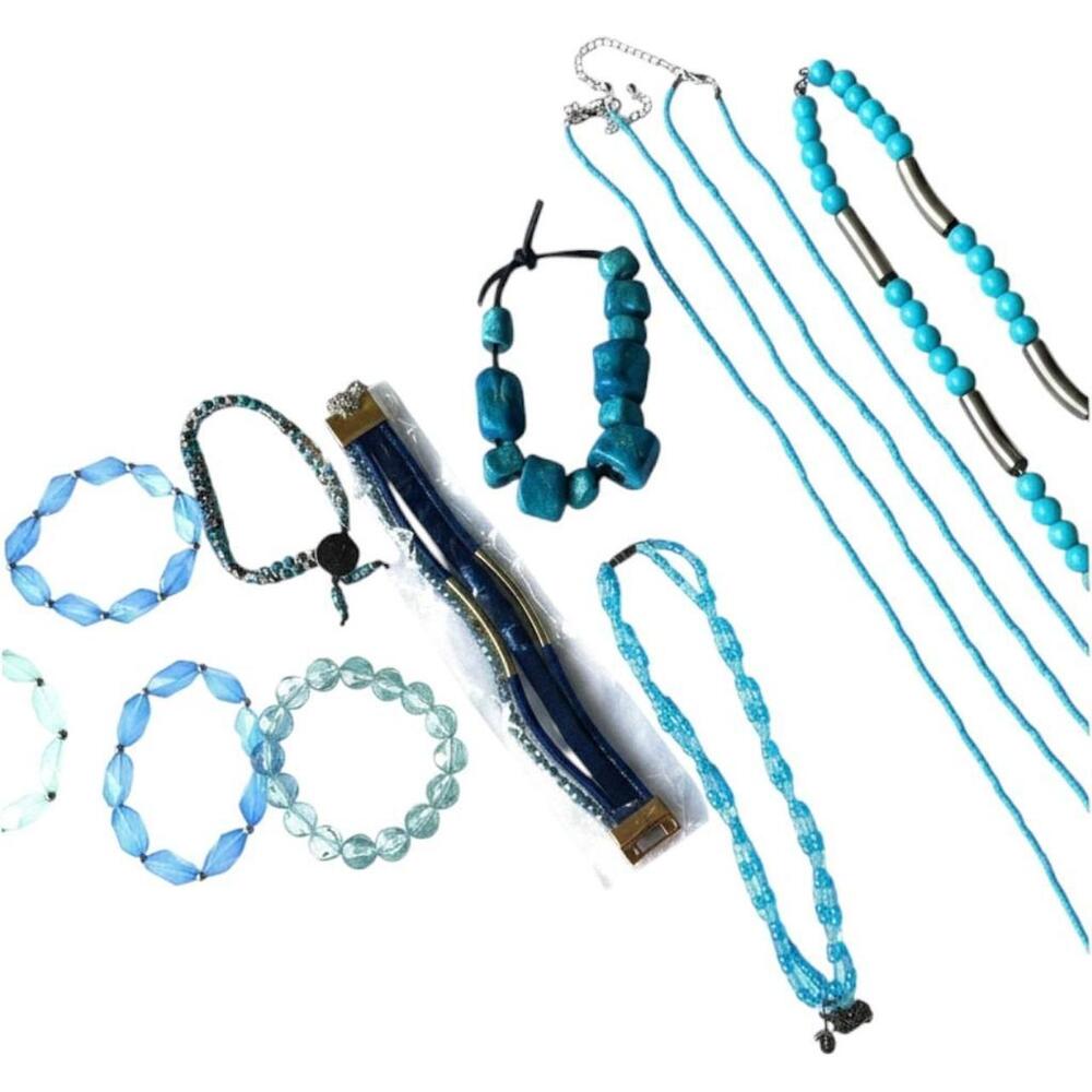 11 Pc Blue Turquoise Green Jewelry Lot Necklaces Bracelets Beaded Boho